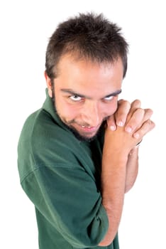 Young man making faces isolated in white
