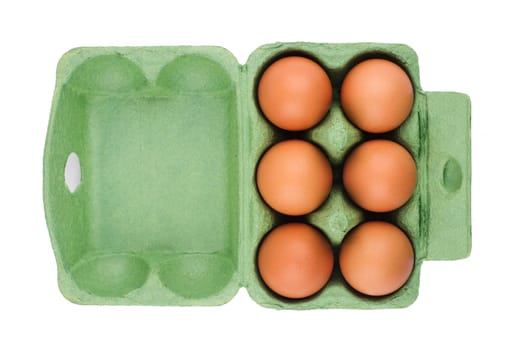 Top view of green eco six egg cardboard open packaging isolated on white background