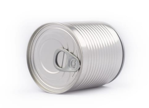 Perspective view of metal can industrial packaging with opener on white background
