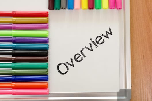 Human hand writing overview on whiteboard