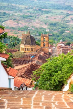 Vertical view of the town of Barichara, Colombia with the cathedral at the bottom of the hill