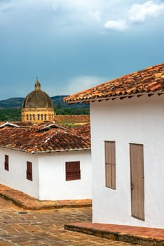 Colonial architecture and cathedral dome in Barichara, Colombia