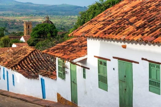 Colonial architecture in Barichara, Colombia with the cathedral in the background