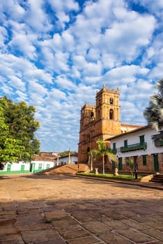 Vertical view of the cathedral in Barichara, Colombia with interesting sky