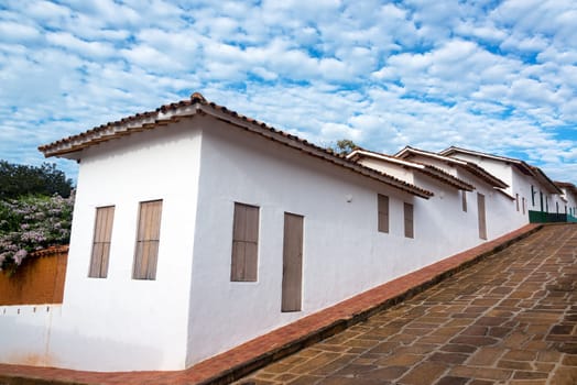 White colonial architecture and interesting sky in Barichara, Colombia