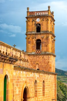 View of one of the towers of the cathedral in Barichara, Colombia