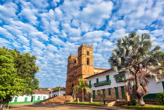 Beautiful sandstone cathedral in the town of Barichara, Colombia with a stunning sky