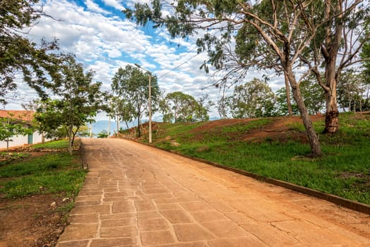 Sandstone street running through the town of Barichara, Colombia