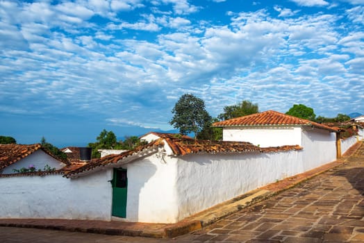 White colonial street corner in the historic town of Barichara, Colombia