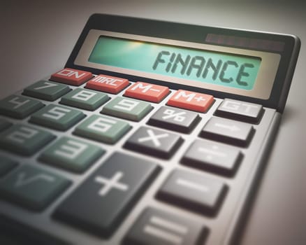 Solar calculator with the word FINANCE on the display. 3D illustration, concept image of Business and Finance.