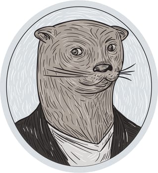 Drawing sketch style illustration of an otter head wearing shirt and blazer facing front set inside oval shape.