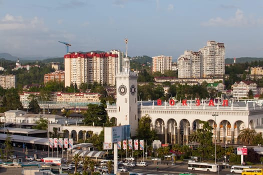 SOCHI, RUSSIA - MAY 14, 2016: The building of the railway station in Sochi, aerial view. It was built in 1952