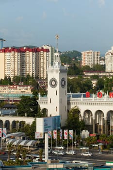 SOCHI, RUSSIA - MAY 14, 2016: The building of the railway station in Sochi, aerial view. It was built in 1952