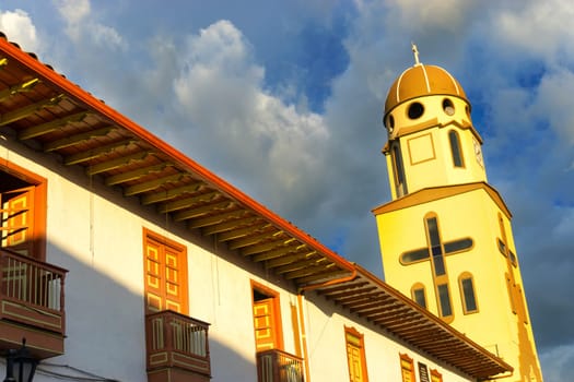 Late afternoon view of the spire of the church in Salento, Colombia