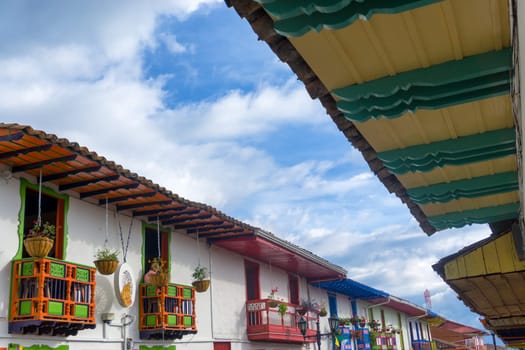 Rows of colorful balconies in the historic colonial town of Salento, Colombia