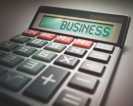 Solar calculator with the word BUSINESS on the display. 3D illustration, concept image of Business and Finance.