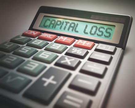 Solar calculator with the word CAPITAL LOSS on the display. 3D illustration, concept image of Business and Finance.