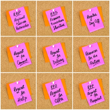 Collage of Business Acronyms written on paper note pinned on cork board with white thumbtack, copy space available