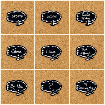 Photo collage of various words written on black thinking bubble over cork board background, copy space available