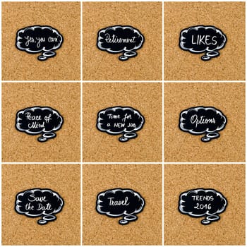 Photo collage of various words written on black thinking bubble over cork board background, copy space available