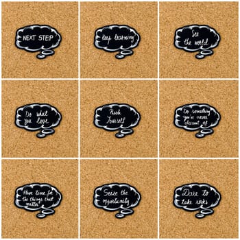 Photo collage of various words written on black thinking bubble over cork board background, copy space available