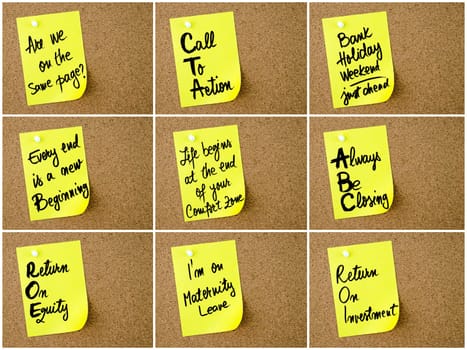 Collage of Business Acronyms written on yellow paper note pinned on cork board with white thumbtack, copy space available