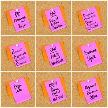 Collage of Business Acronyms written on paper note pinned on cork board with white thumbtack, copy space available