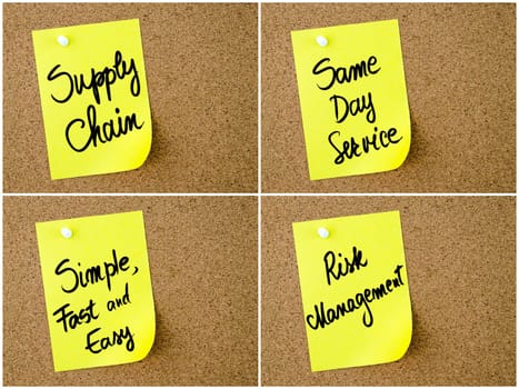 Collage of Business Acronyms written on yellow paper note pinned on cork board with white thumbtack, copy space available