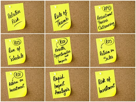 Collage of Business Acronyms written on yellow paper note pinned on cork board with white thumbtack, copy space available