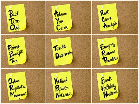 Collage of Business Acronyms written on yellow paper note pinned on cork board with white thumbtack, copy space available