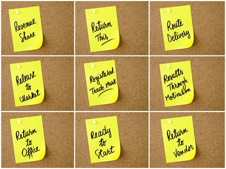 Collage of Business Acronyms written on yellow paper note pinned on cork board with white thumbtack, copy space available