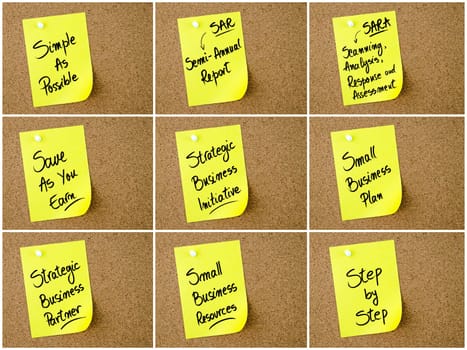 Collage of Business Acronyms written on yellow paper note pinned on cork board with white thumbtack, copy space available