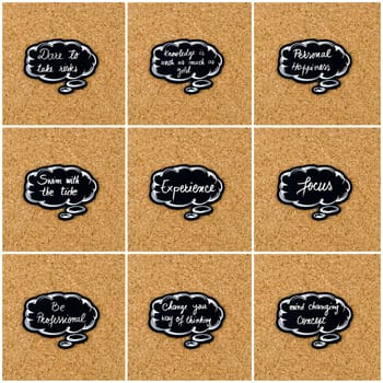 Photo collage of various words written on black thinking bubble over cork board background, copy space available