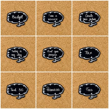 Photo collage of various words written on black thinking bubble over cork board background, copy space available
