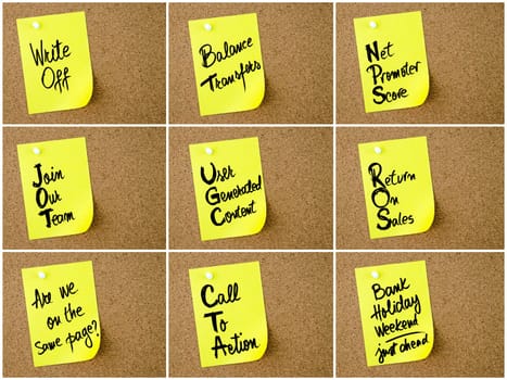 Collage of Business Acronyms written on yellow paper note pinned on cork board with white thumbtack, copy space available