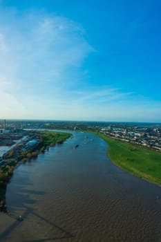 View of Rhein river from Rheinturm tower Dusseldorf Germany Europe