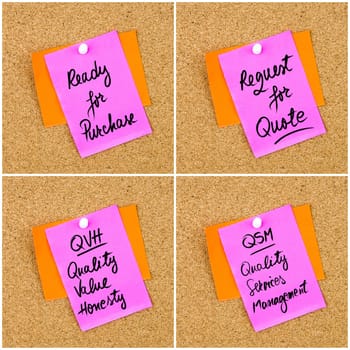 Collage of Business Acronyms written on paper note pinned on cork board with white thumbtack, copy space available