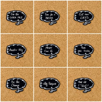 Photo collage of various words written on black thinking bubble over cork board background, copy space available