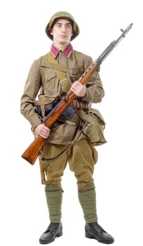 young Soviet soldier with rifle isolated on the white background