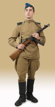 young paratrooper Soviet soldier with machine gun, ww2