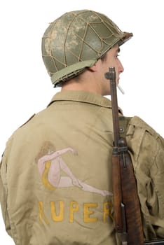 American young soldier ww2, back view on white background
