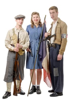 three young French Resistance, vintage clothes and weapons, reenactment, two men and one woman
