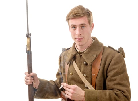 young French soldier 1940s smoke a cigarette on the white background