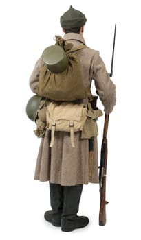 young Soviet soldier with winter uniform, back view, isolated on the white background