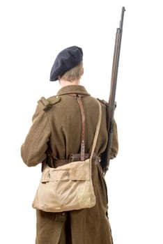 40's french soldier, back view isolated on white background