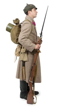 young Soviet soldier with  winter uniform isolated on the white background