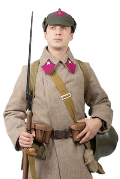 young Soviet soldier with  winter uniform isolated on the white background