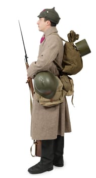 young Soviet soldier with  winter uniform isolated on the white background
