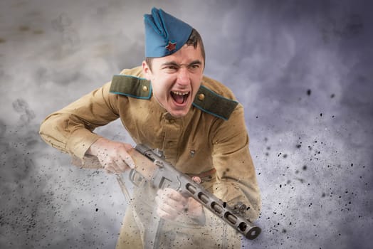 young Soviet soldier ww2 with machine gun, attack