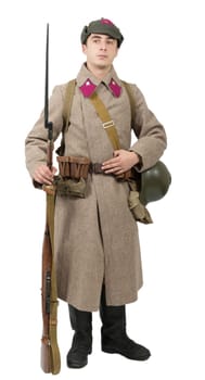 young Soviet soldier with  winter uniform isolated on the white background
